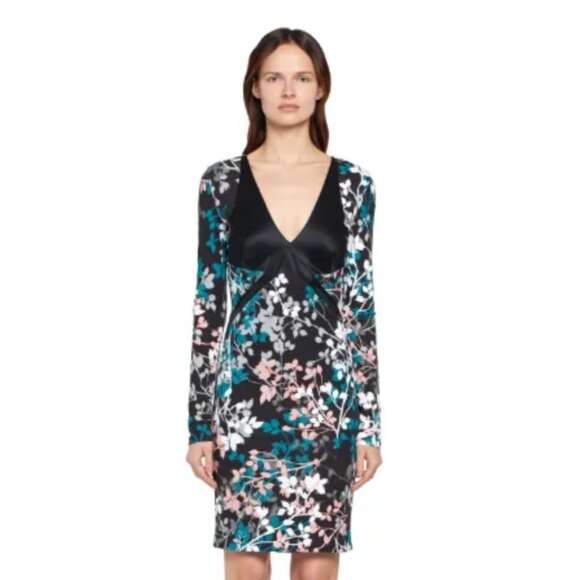 NWT roberto cavalli Dress Leaf Botanical Print Knit V-neck Black Green Pink US 6 - Picture 2 of 16